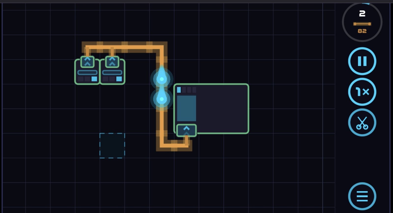 Early game: two blue transistors wired to a microchip's blue receiver port over a bundled orange trunk, with two signals queued at a junction and a dashed telegraph cell waiting to spawn.