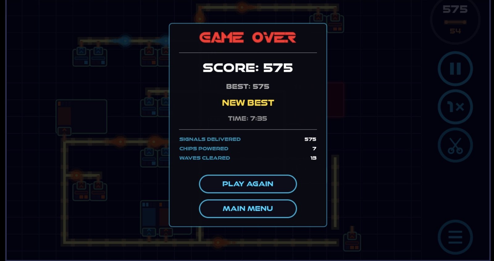 Game over panel over a dimmed board: score 575 and a new best, 7:35 on the clock, 575 signals delivered, 7 chips powered, 13 waves cleared.