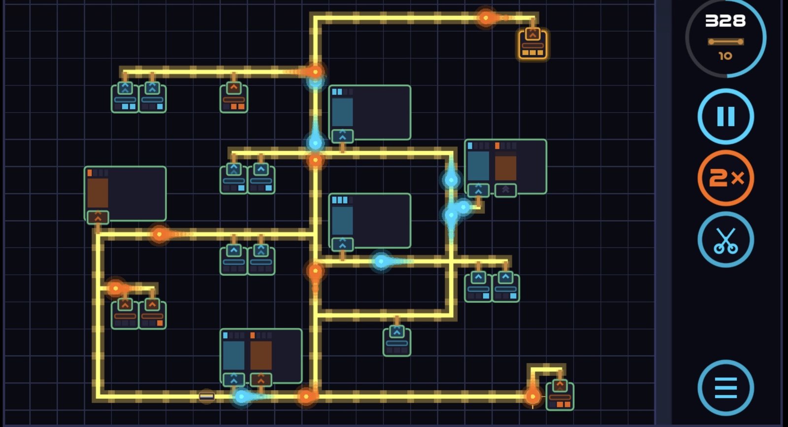 A sprawling mid-game board: blue and orange signals moving along a shared copper trunk through half a dozen glowing junctions, feeding transistors and chips scattered across the grid.